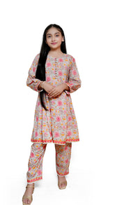 Light grey flower printed lawn 2 piece casual dress girls